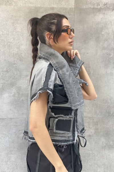 Yüksek Yaka Garnili Tasarım Oversize Yelek