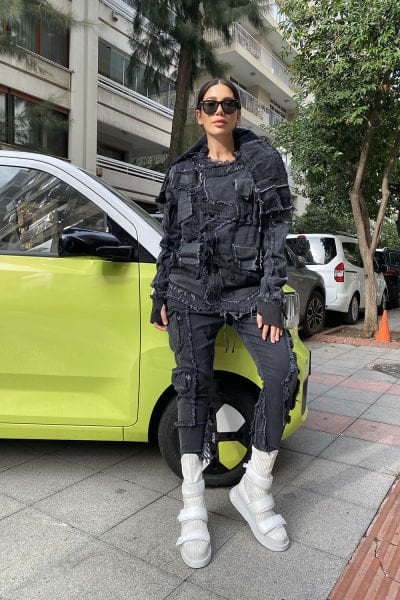 Unisex Yakası Cepli Asimetrik Tasarım Kot Ceket