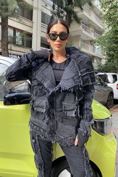 Unisex Yakası Cepli Asimetrik Tasarım Kot Ceket
