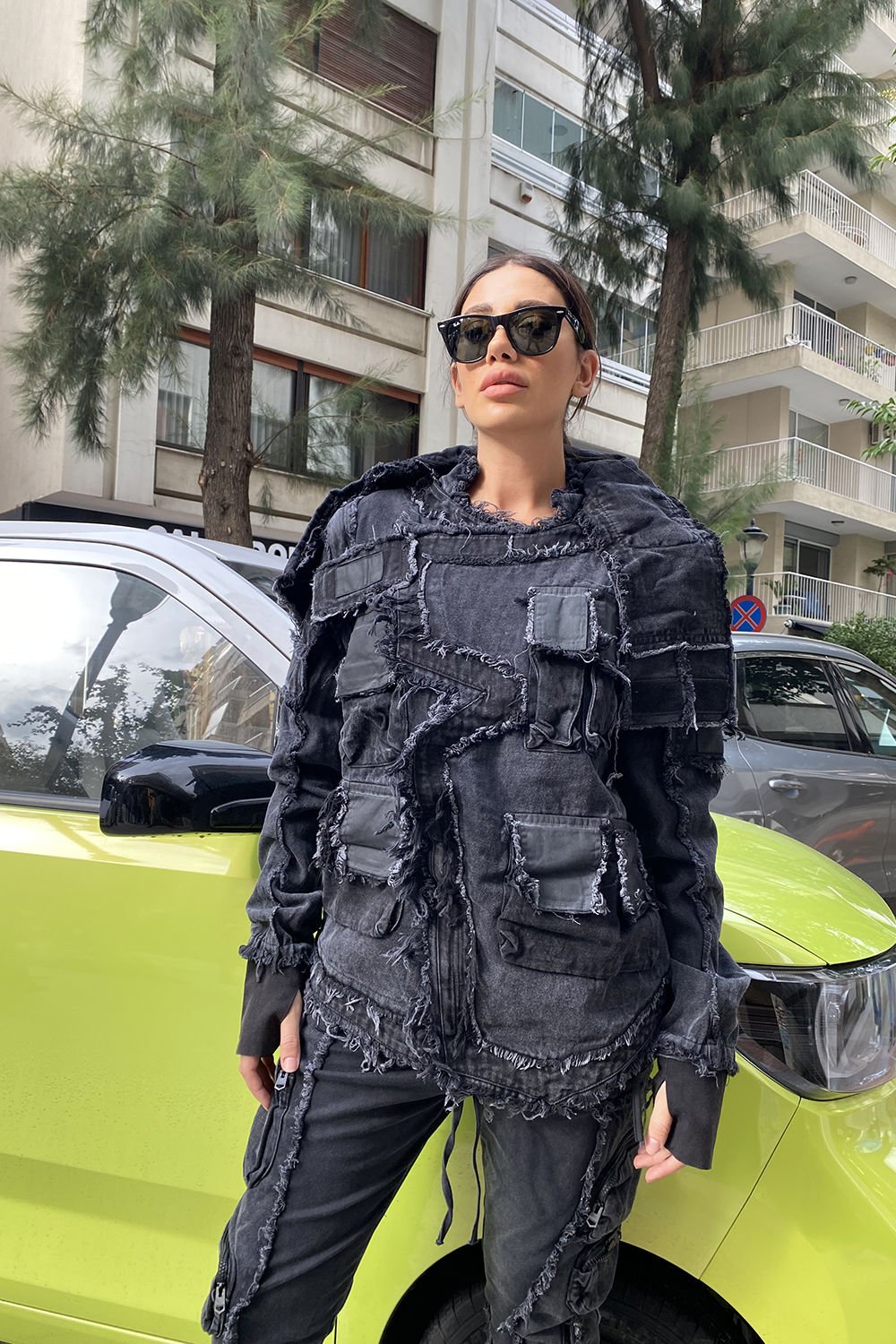 Unisex Yakası Cepli Asimetrik Tasarım Kot Ceket