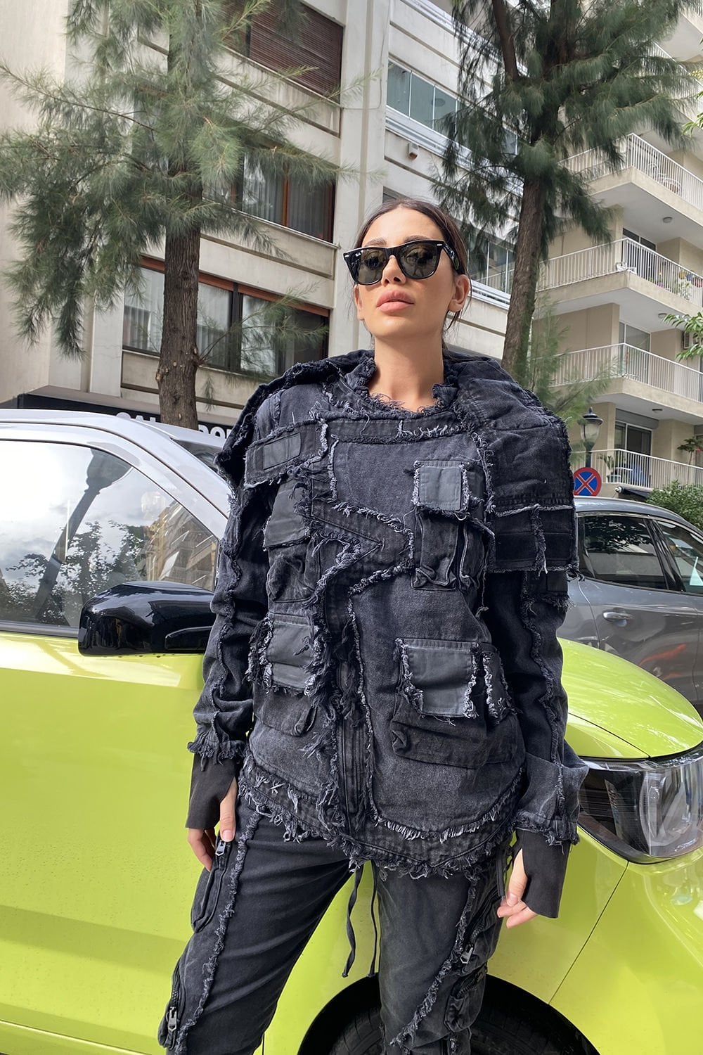 Unisex Yakası Cepli Asimetrik Tasarım Kot Ceket