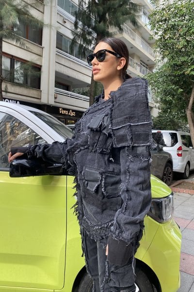 Unisex Yakası Cepli Asimetrik Tasarım Kot Ceket