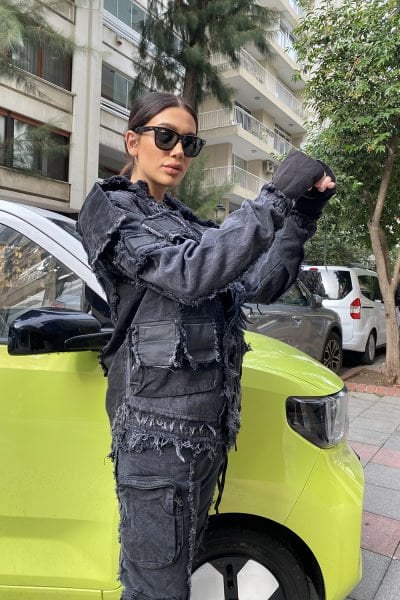 Unisex Yakası Cepli Asimetrik Tasarım Kot Ceket