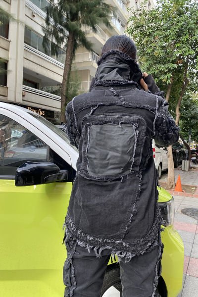 Unisex Yakası Cepli Asimetrik Tasarım Kot Ceket