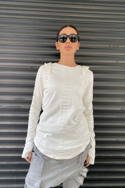 Kapüşonlu Tasarım Nevürlü Sweatshirt M - beyaz