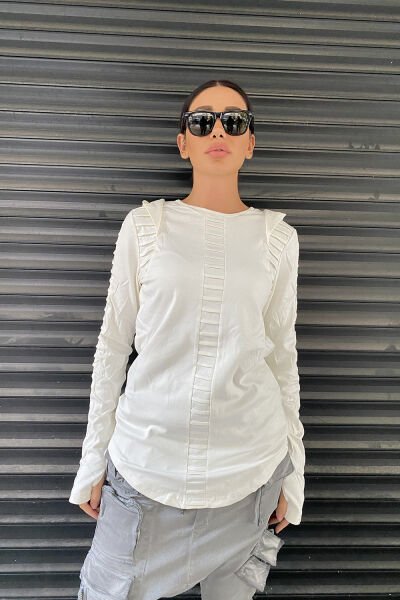 Kapüşonlu Tasarım Nevürlü Sweatshirt L - beyaz