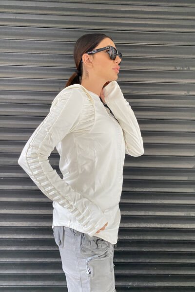 Kapüşonlu Tasarım Nevürlü Sweatshirt L - beyaz
