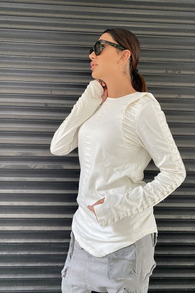 Kapüşonlu Tasarım Nevürlü Sweatshirt S - beyaz