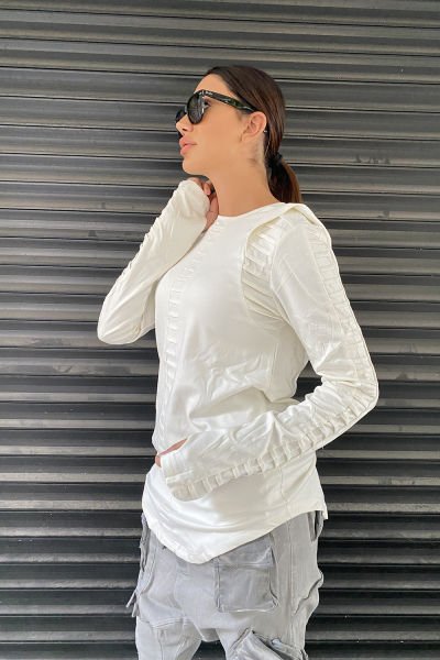 Kapüşonlu Tasarım Nevürlü Sweatshirt S - beyaz