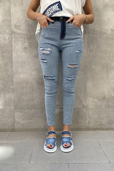 Kesik Detaylı Tasarım Kot Tayt Pantolon