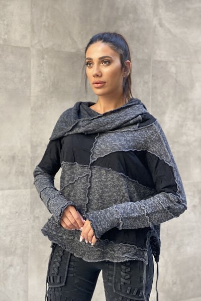 Kesik Tasarım Pis Dikişli Oversize Sweatshirt M - gri/siyah