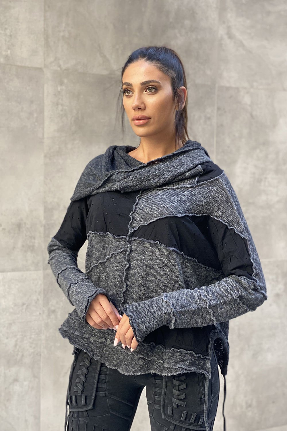 Kesik Tasarım Pis Dikişli Oversize Sweatshirt L - gri/siyah