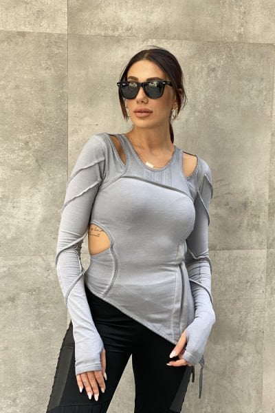 Katlı Kumaş Tasarım Asimetrik Bluz