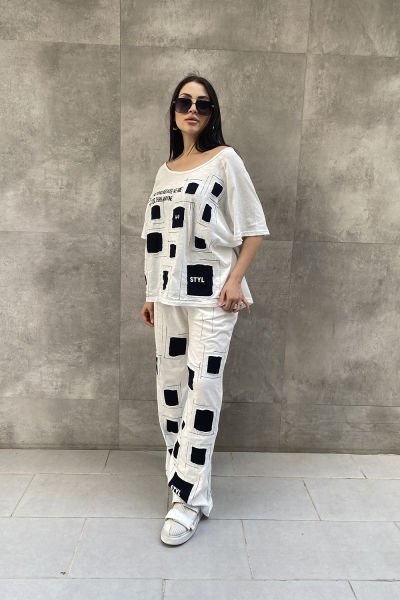 Damalı Tasarım Oversize Bluz Pantolon Takımı
