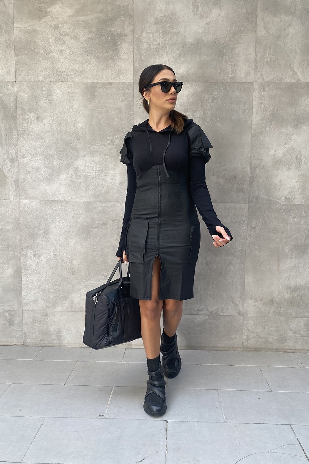 Tasarım Mumlama Kapüşonlu Uzun Kollu Elbise