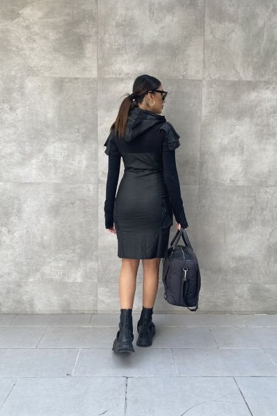 Tasarım Mumlama Kapüşonlu Uzun Kollu Elbise