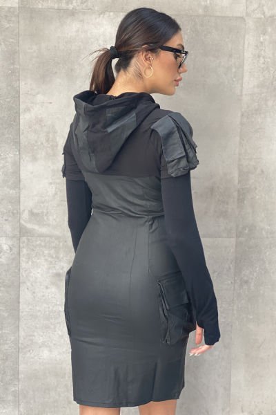 Tasarım Mumlama Kapüşonlu Uzun Kollu Elbise