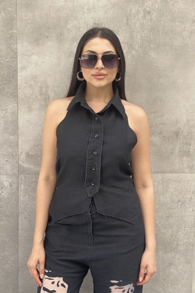 Tasarım Lastikli Kolsuz Kot Bluz