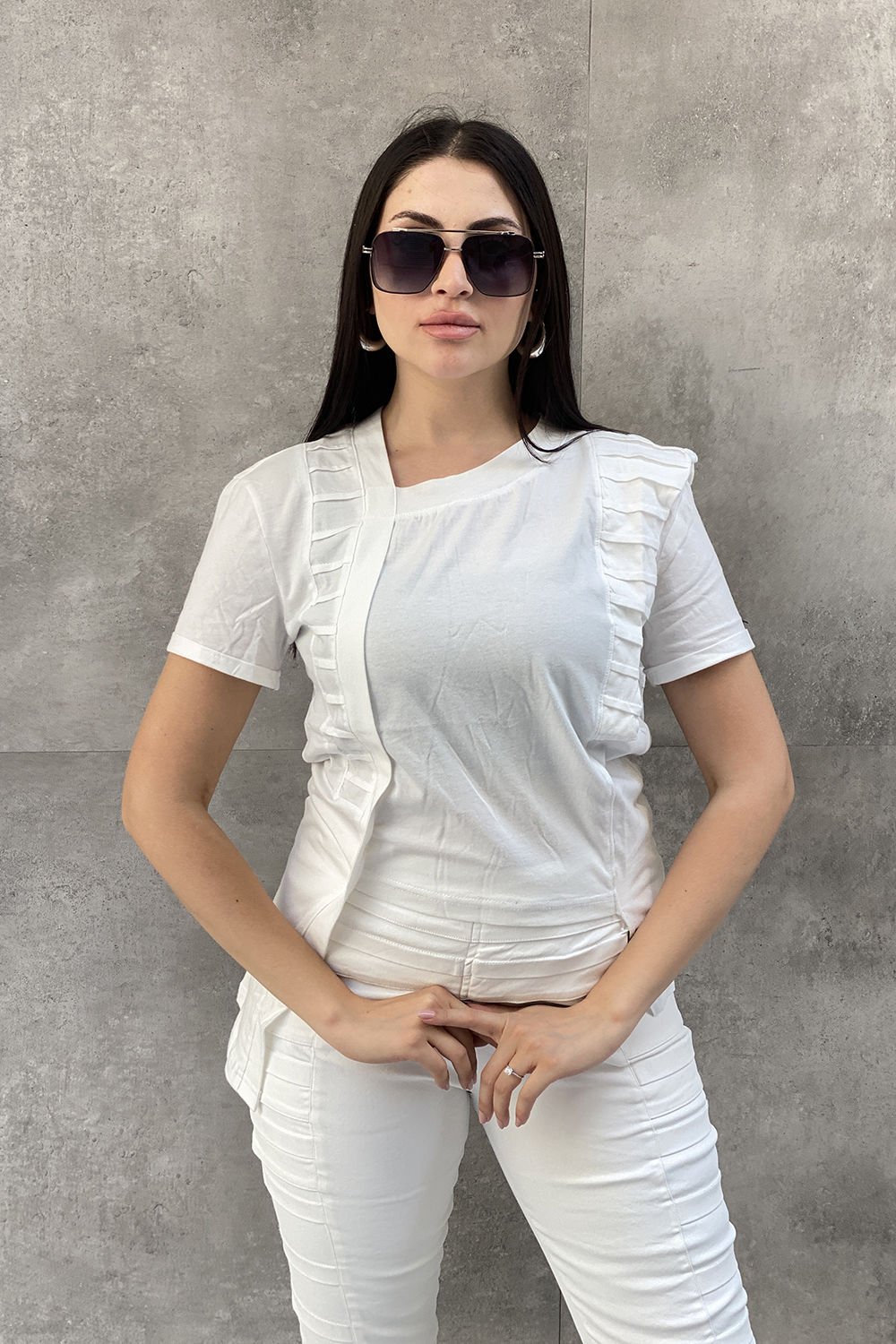Çift Omuzlu Nevürlü Asimetrik Bluz