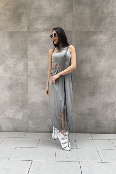 Üç Parça Tasarım Asimetrik Elbise