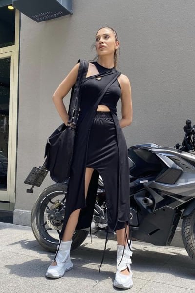 Üç Parça Tasarım Asimetrik Elbise