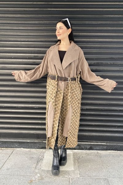 Damalı Tasarım Çift Kumaş Oversize Kemerli Trençkot