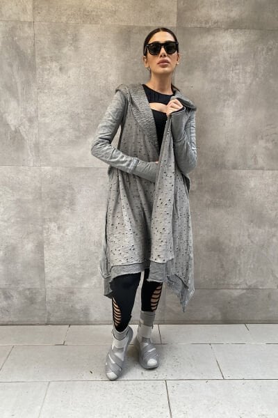 Delikli Tasarım Bel Kemerli Hırka