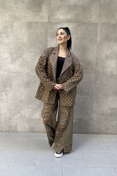 Damalı Tasarım Çift Kumaş Oversize Blazer Ceket