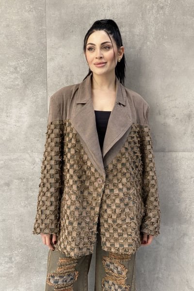 Damalı Tasarım Çift Kumaş Oversize Blazer Ceket