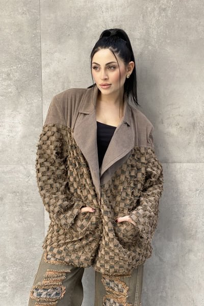 Damalı Tasarım Çift Kumaş Oversize Blazer Ceket