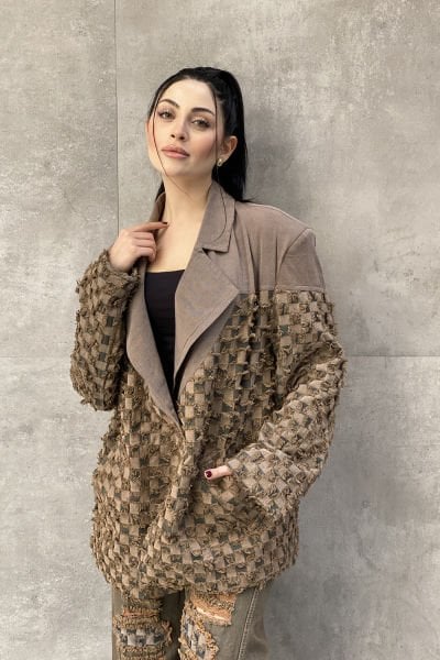 Damalı Tasarım Çift Kumaş Oversize Blazer Ceket