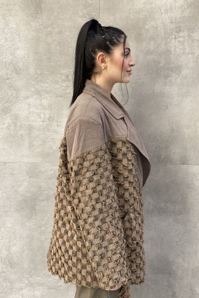 Damalı Tasarım Çift Kumaş Oversize Blazer Ceket