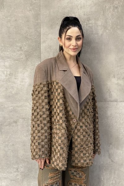 Damalı Tasarım Çift Kumaş Oversize Blazer Ceket