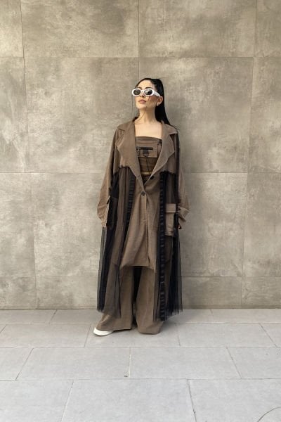 Tüllü Tasarım Oversize Trençkot