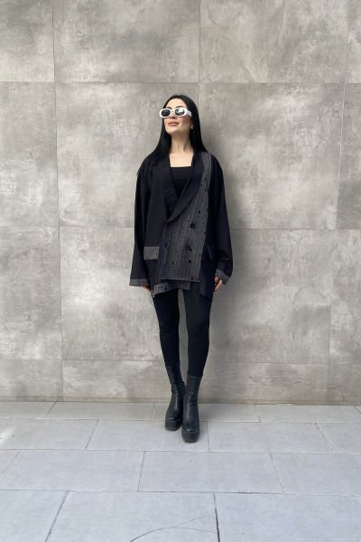 Delikli Kumaş Tasarım Oversize Ceket&Bluz
