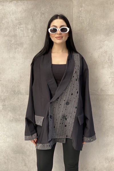 Delikli Kumaş Tasarım Oversize Ceket&Bluz