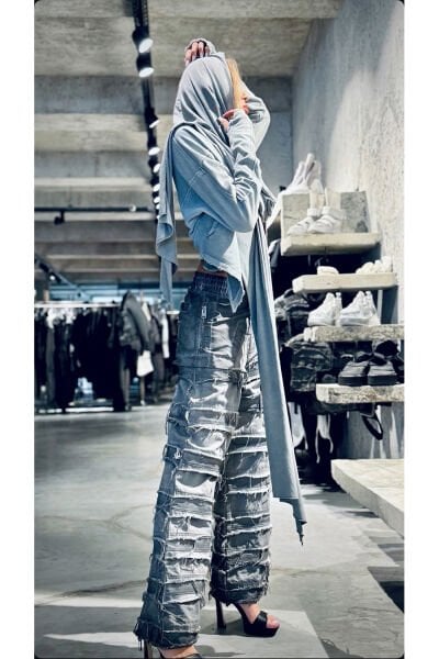 Tasarım Oversize Patchwork Denim Pantolon XL - gri