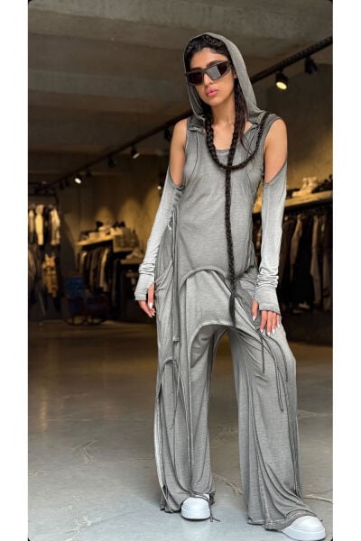 Tasarım Oversize Kol Detaylı 3 Parça Bluz Pantolon Takımı Gri
