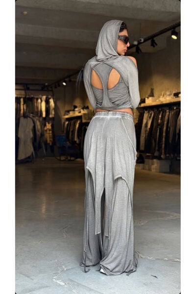 Tasarım Oversize Kol Detaylı 3 Parça Bluz Pantolon Takımı Gri