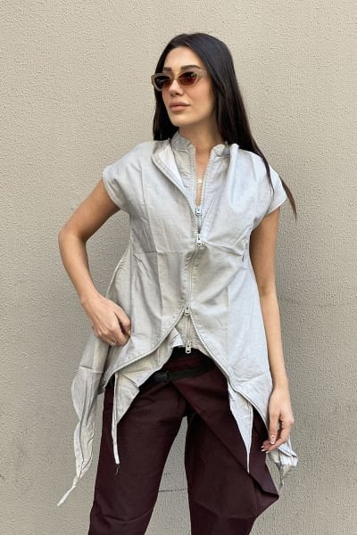 Çift Fermuarlı Tasarım Oversize Asimetrik Yelek
