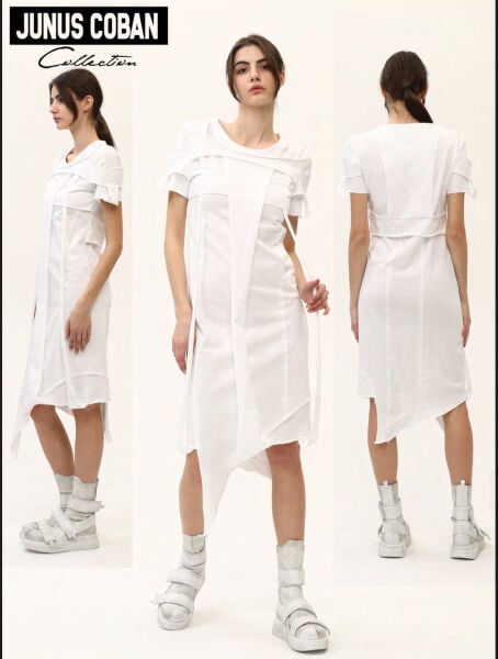 23Y 06 010 Taşlama Garnili Oversize Elbise M - beyaz