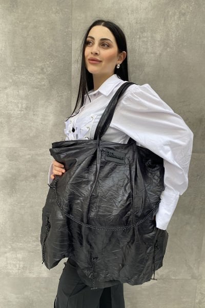 Asimetrik Kesim PU Deri Tasarım Zincirli Kol ve Omuz Çantası