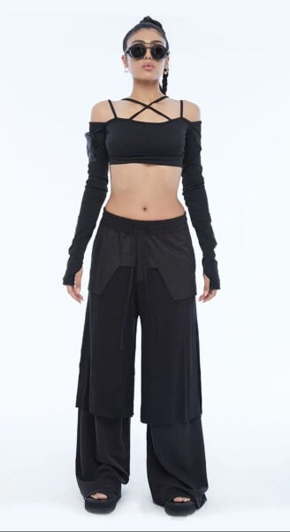 Tasarım Wide Leg Oversize Taşlama Pantolon L - siyah