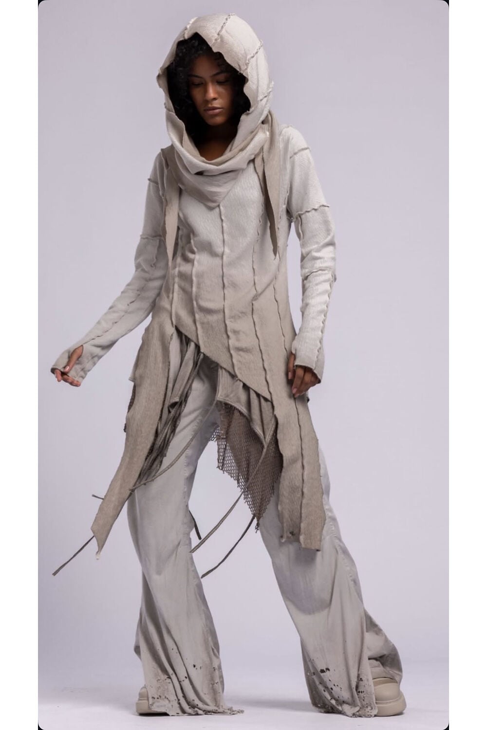 Asimetrik Kapüşonlu Fringed Sweatshirt