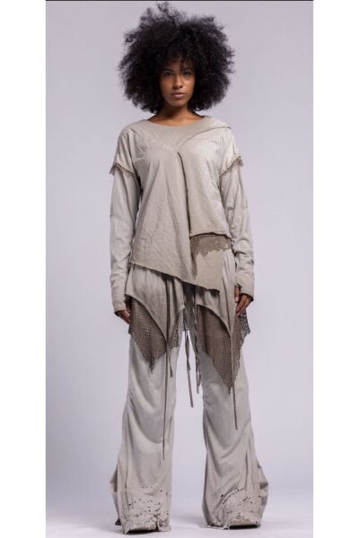 Tasarım Oversize Taşlama Fileli Asimetrik Bluz