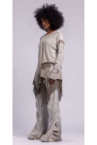 Tasarım Oversize Taşlama Fileli Asimetrik Bluz