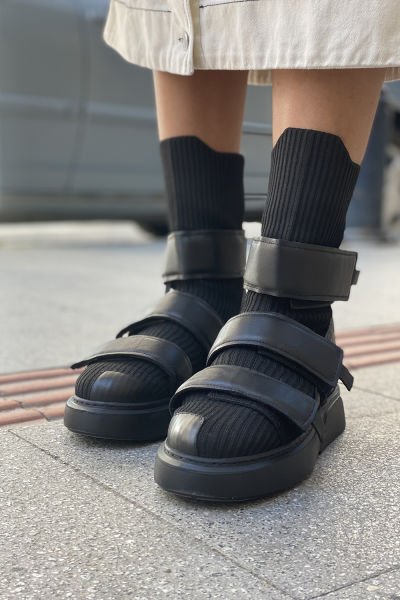 Unisex Deri Kemerli Çorap Bot