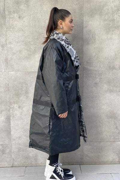 Peluş Yakalı Tasarım Oversize Uzun Mont
